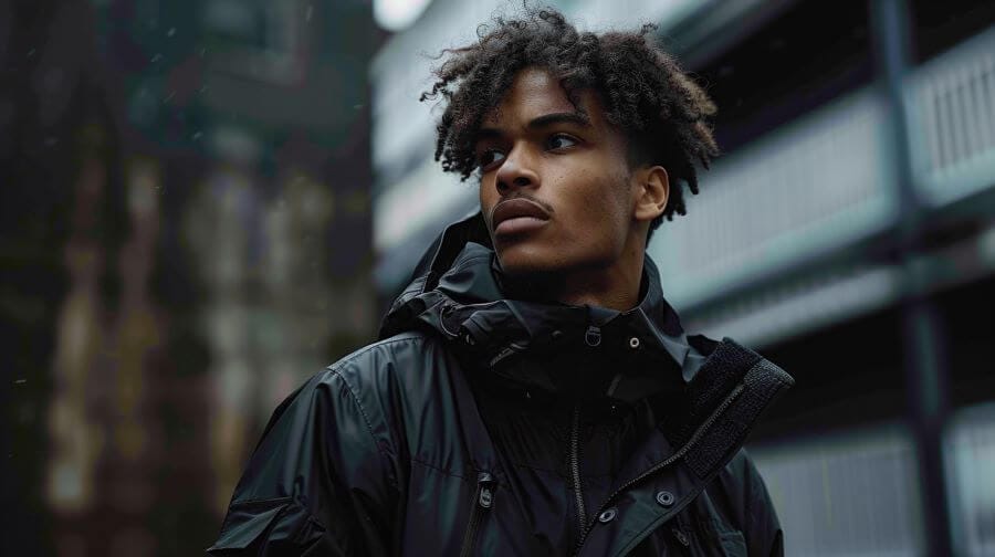 male model wearing sustainable streetwear clothing