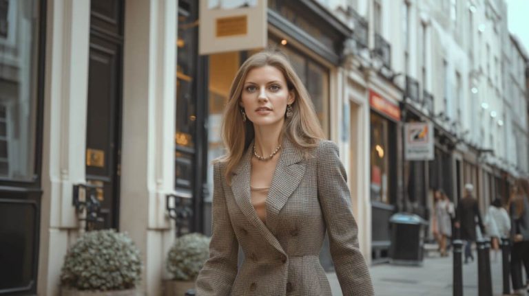 chloe wearing tweed blazer in kensington