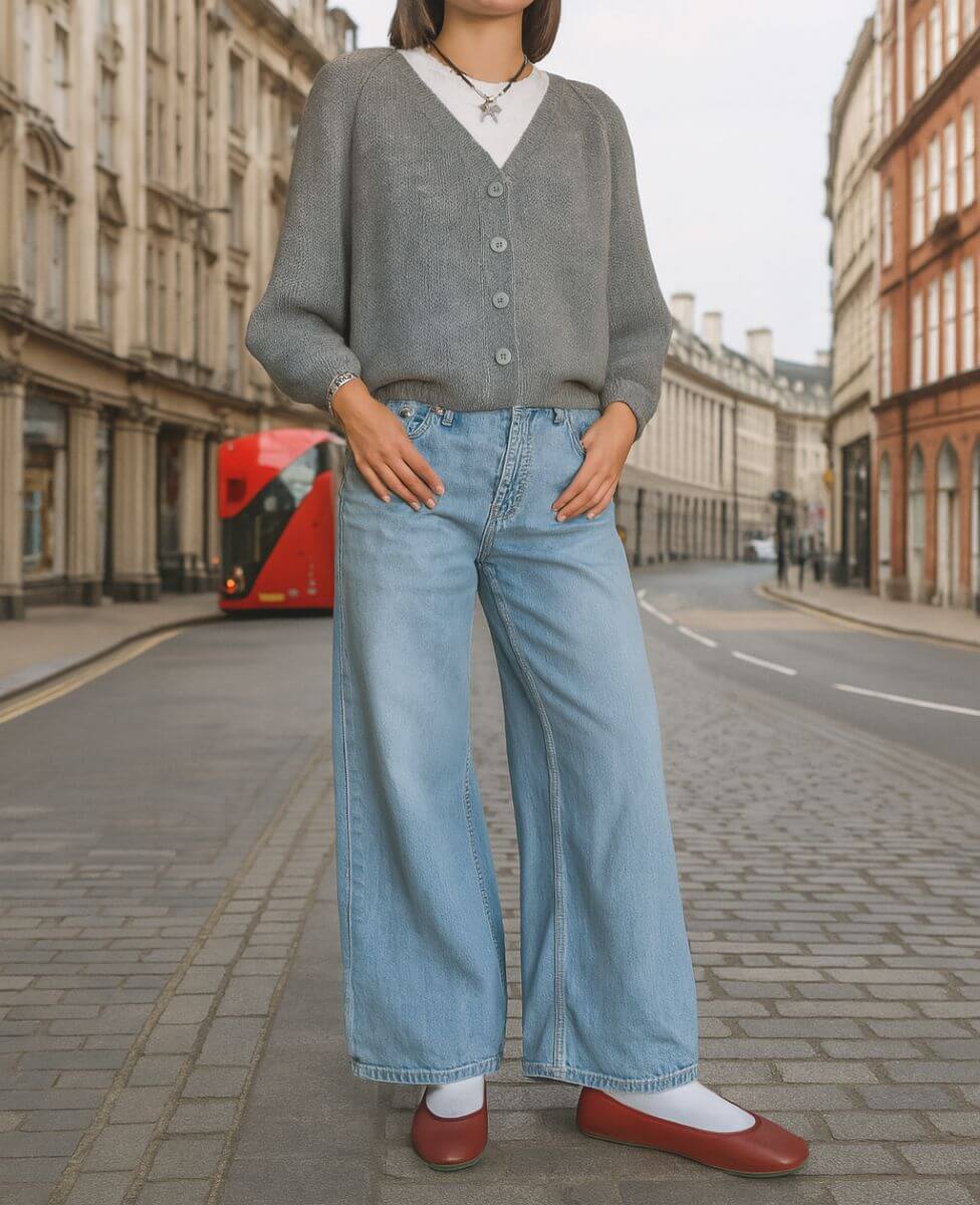 Woman wearing red ballet flats, white socks, grey sweater, and jeans styled for cool weather