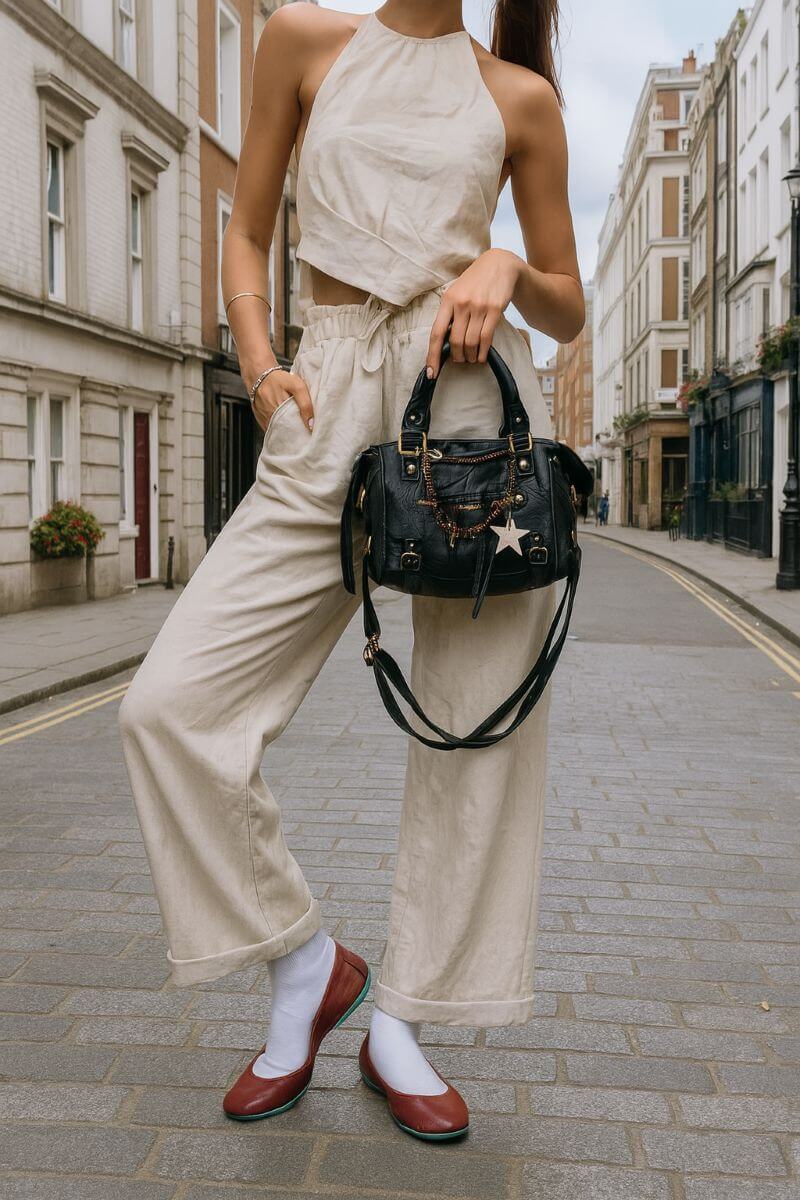 Outfit featuring trousers, socks, and brown ballet flats styled for an office-friendly look