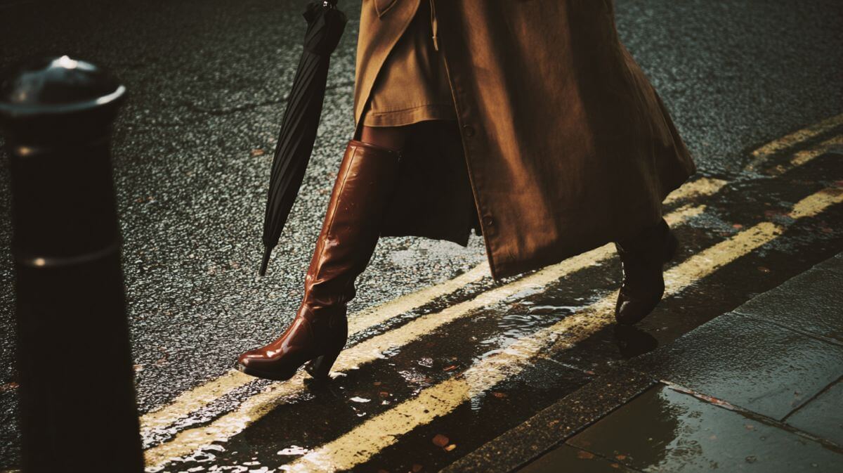 Person stepping across a wet street with double yellow lines, wearing brown knee-high leather boots and a long coat, holding an umbrella