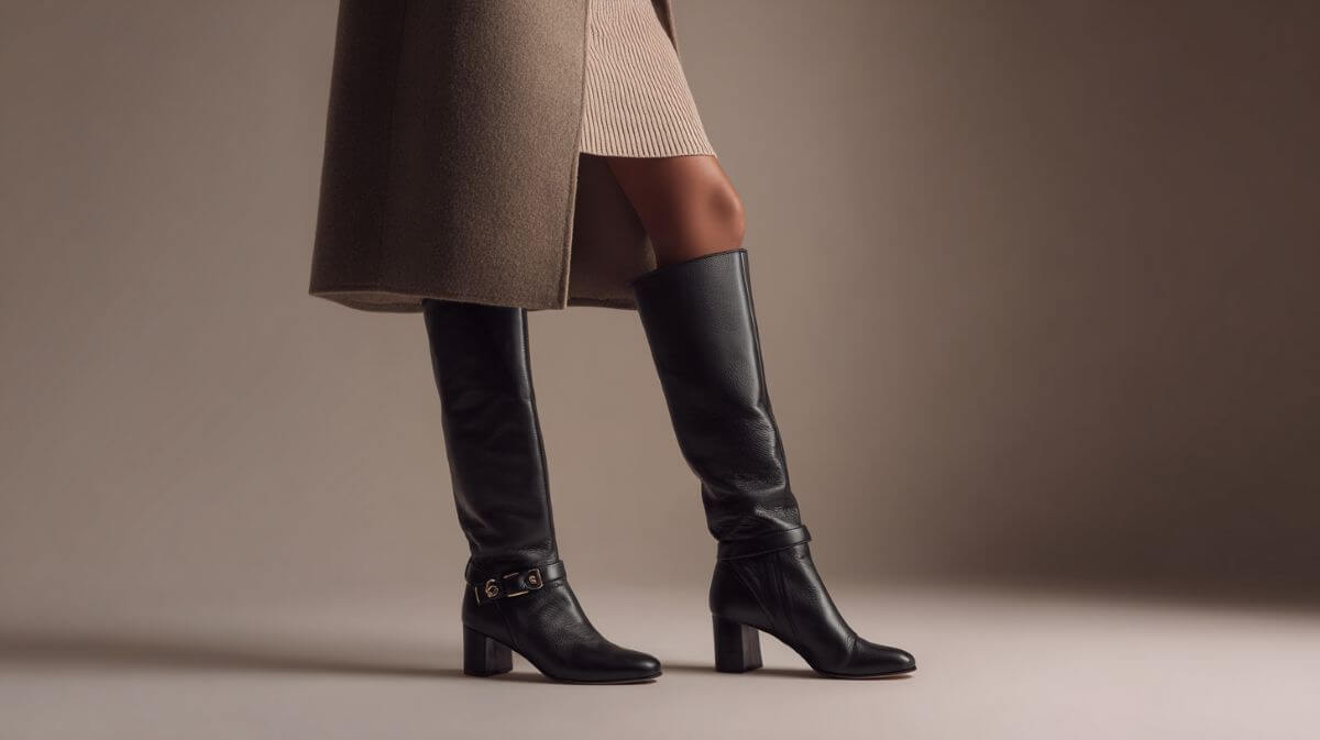 Studio shot of black knee-high boots with a block heel and ankle buckle detail, styled with a skirt and long coat