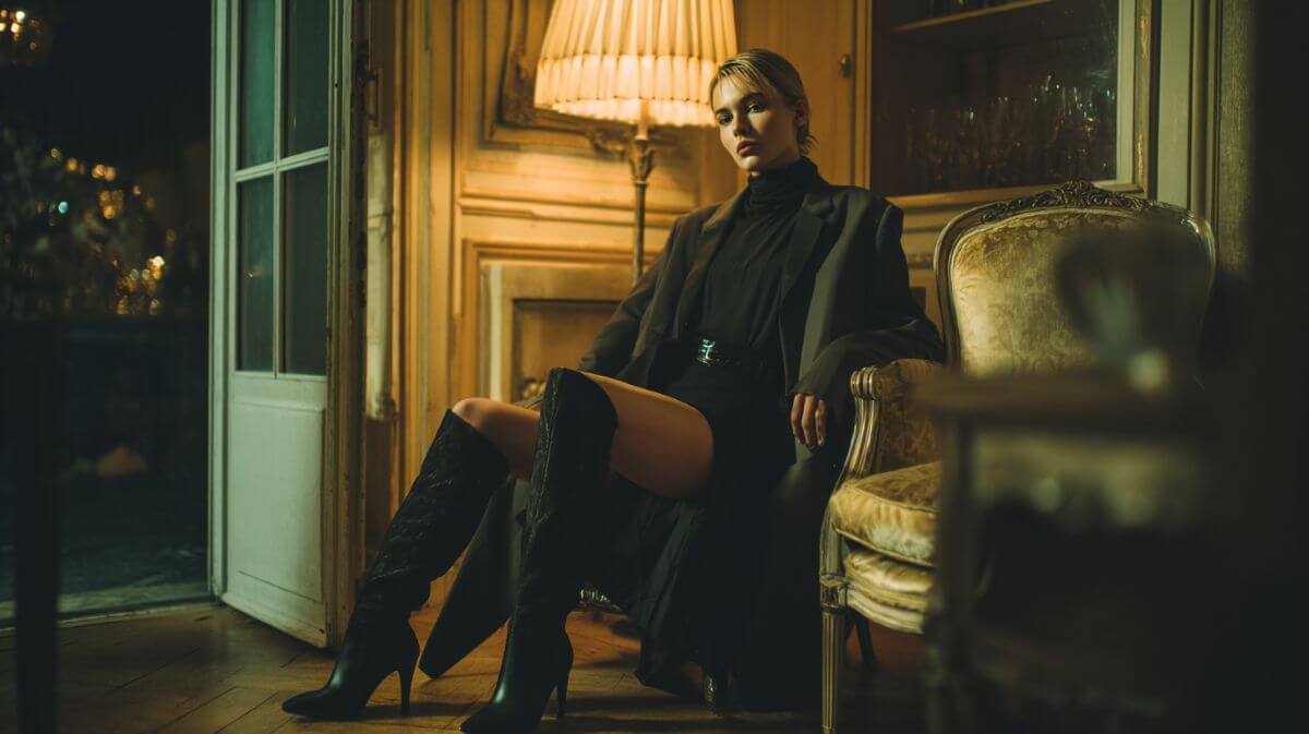 Model seated in a vintage room wearing black knee-high heeled boots, a dark outfit, and an oversized blazer under warm lighting