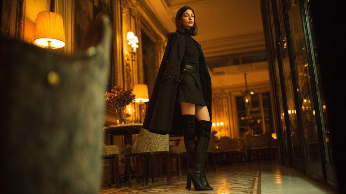 Model standing in a warmly lit hallway wearing a long coat, short skirt, and black knee-high heeled boots