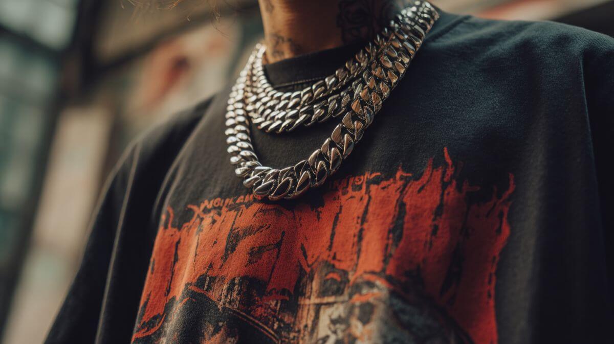 Layered Cuban chain necklaces worn over graphic streetwear T-shirt